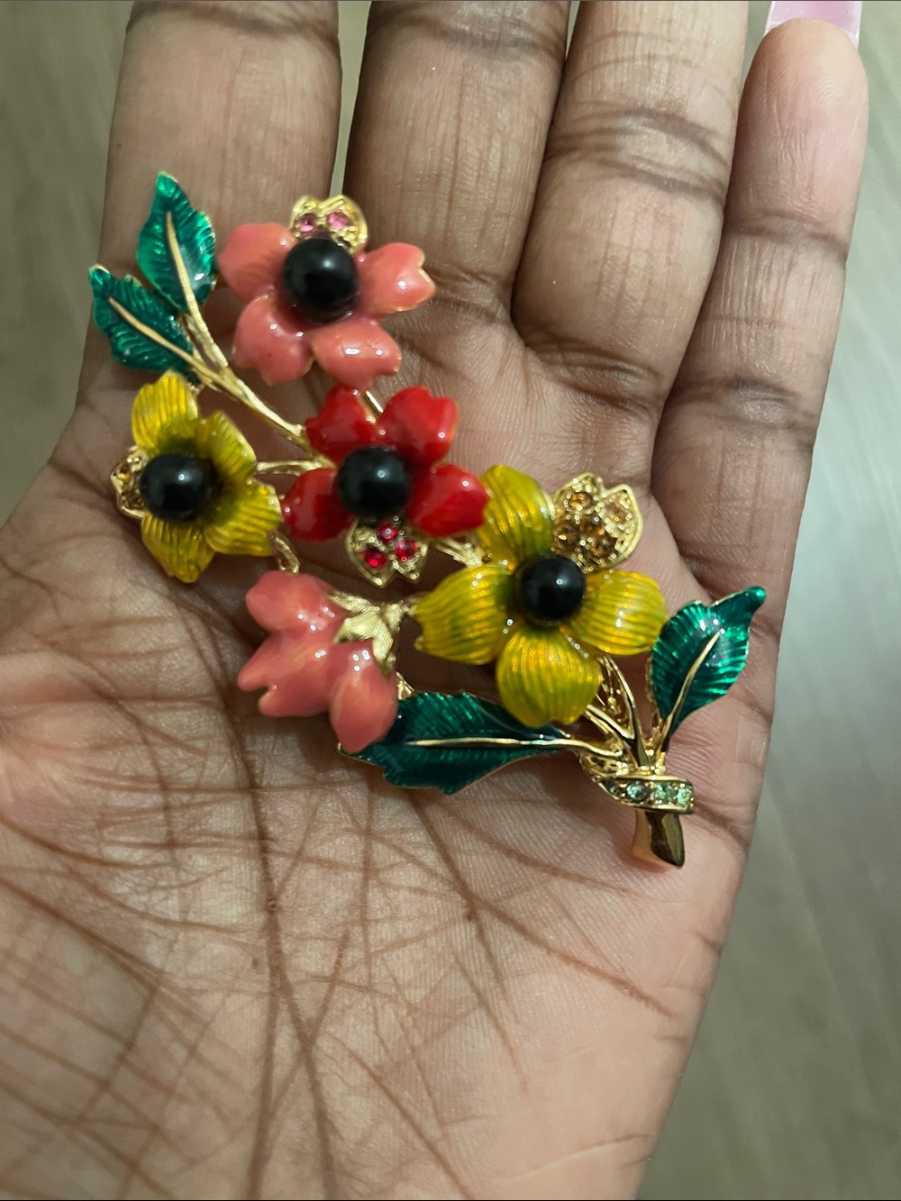 Floral Enamel Brooch Pin in Yellow, Coral & Red